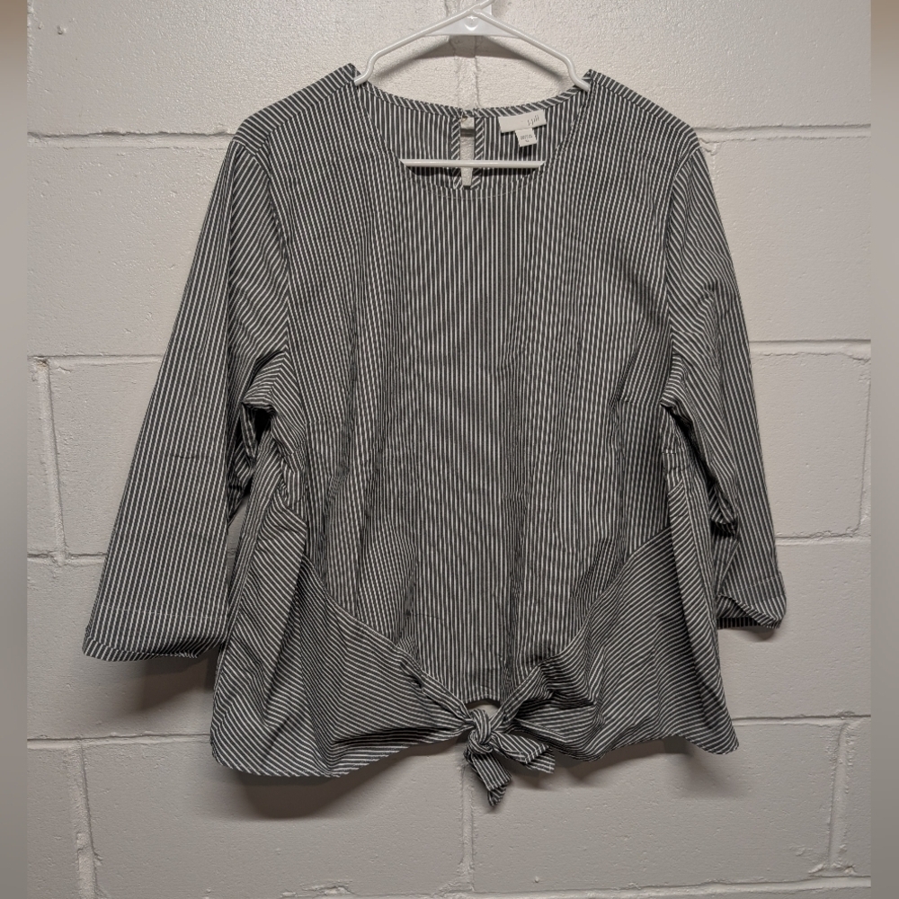 J Jill Striped Gray White 3/4 Cuff Sleeve Tie Waist Women's Delft Top Blouse XL